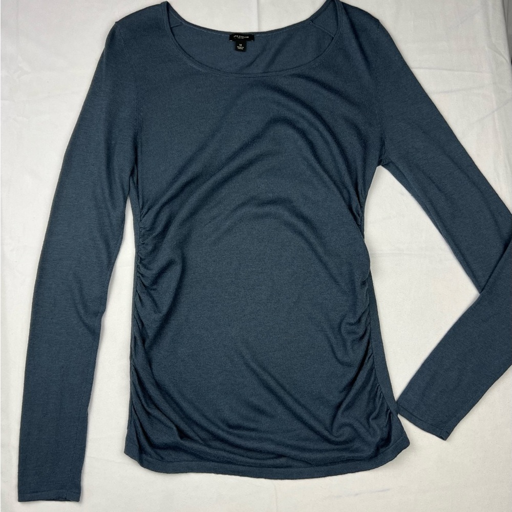 Ann Taylor Lightweight Sweater Knit Blue Ruched Sides Top Medium - 6% Cashmere